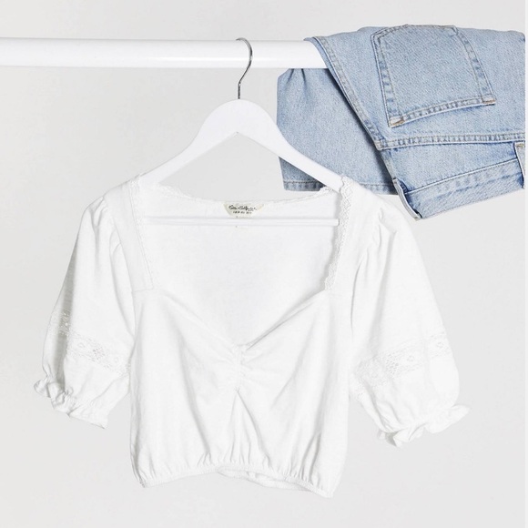Asos White top 12 Miss Selfridge Ruched front crochet trim - Picture 3 of 6